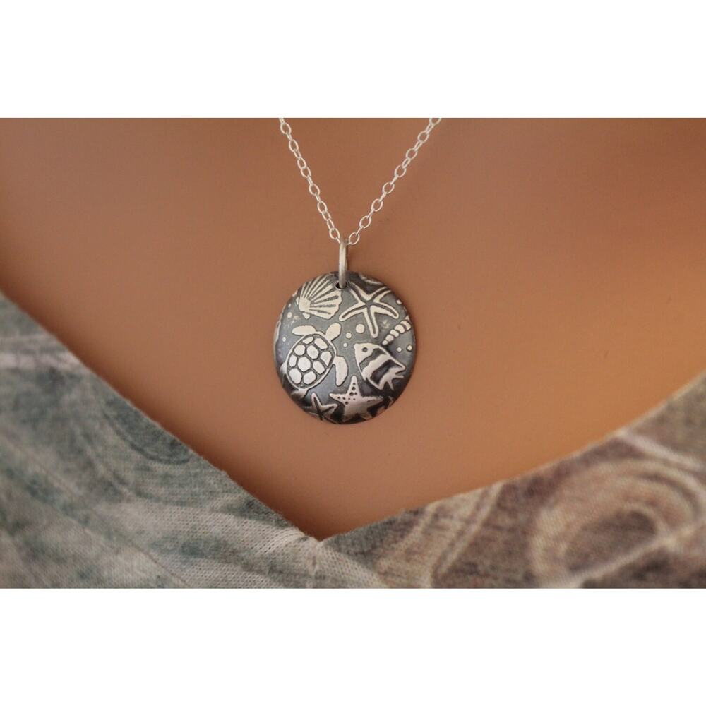 Sterling Silver Sea Life Pendant Necklace, Domed Aquamarine Pendant Necklace